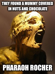 Preserved in tin foil wrapping... | THEY FOUND A MUMMY COVERED IN NUTS AND CHOCOLATE PHARAOH ROCHER | image tagged in the mummy,memes,puns | made w/ Imgflip meme maker