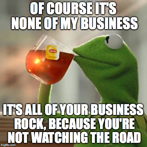 But That's None Of My Business Meme | OF COURSE IT'S NONE OF MY BUSINESS IT'S ALL OF YOUR BUSINESS ROCK, BECAUSE YOU'RE NOT WATCHING THE ROAD | image tagged in memes,but thats none of my business,kermit the frog | made w/ Imgflip meme maker