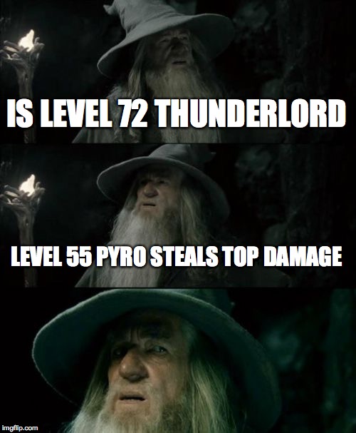 Confused Gandalf Meme | IS LEVEL 72 THUNDERLORD LEVEL 55 PYRO STEALS TOP DAMAGE | image tagged in memes,confused gandalf | made w/ Imgflip meme maker