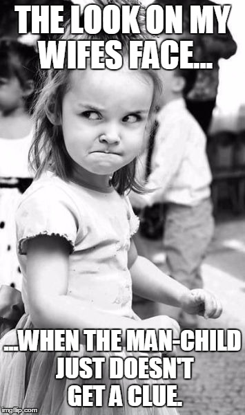 Angry Toddler | THE LOOK ON MY WIFES FACE... ...WHEN THE MAN-CHILD JUST DOESN'T GET A CLUE. | image tagged in memes,angry toddler | made w/ Imgflip meme maker
