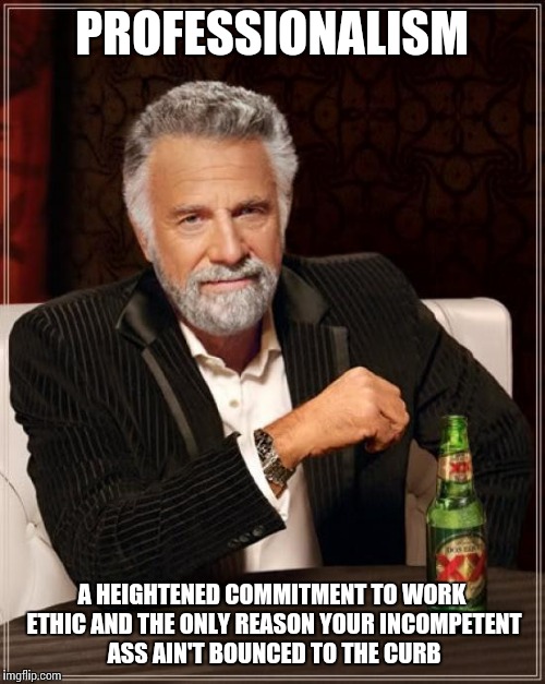The Most Interesting Man In The World Meme | PROFESSIONALISM A HEIGHTENED COMMITMENT TO WORK ETHIC AND THE ONLY REASON YOUR INCOMPETENT ASS AIN'T BOUNCED TO THE CURB | image tagged in memes,the most interesting man in the world | made w/ Imgflip meme maker