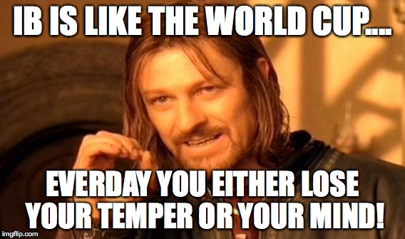 One Does Not Simply Meme | IB IS LIKE THE WORLD CUP.... EVERDAY YOU EITHER LOSE YOUR TEMPER OR YOUR MIND! | image tagged in memes,one does not simply | made w/ Imgflip meme maker