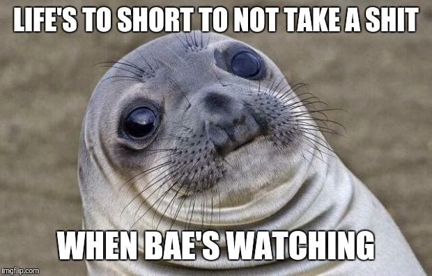 Awkward Moment Sealion | LIFE'S TO SHORT TO NOT TAKE A SHIT WHEN BAE'S WATCHING | image tagged in memes,awkward moment sealion | made w/ Imgflip meme maker