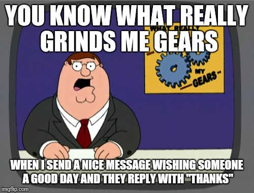 Peter Griffin News | YOU KNOW WHAT REALLY GRINDS ME GEARS WHEN I SEND A NICE MESSAGE WISHING SOMEONE A GOOD DAY AND THEY REPLY WITH "THANKS" | image tagged in memes,peter griffin news | made w/ Imgflip meme maker