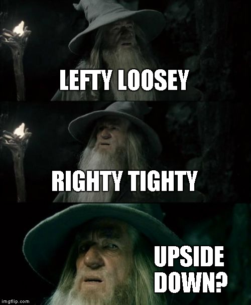 Confused Gandalf | LEFTY LOOSEY RIGHTY TIGHTY UPSIDE DOWN? | image tagged in memes,confused gandalf | made w/ Imgflip meme maker