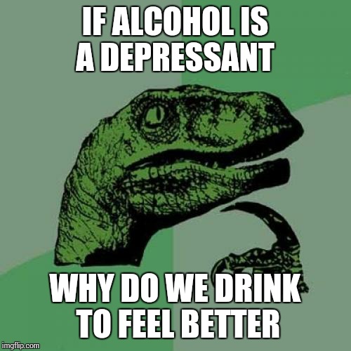 Philosoraptor Meme | IF ALCOHOL IS A DEPRESSANT WHY DO WE DRINK TO FEEL BETTER | image tagged in memes,philosoraptor | made w/ Imgflip meme maker