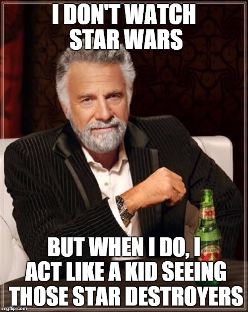 The Most Interesting Man In The World Meme | I DON'T WATCH STAR WARS BUT WHEN I DO, I ACT LIKE A KID SEEING THOSE STAR DESTROYERS | image tagged in memes,the most interesting man in the world | made w/ Imgflip meme maker