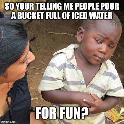 Third World Skeptical Kid | SO YOUR TELLING ME PEOPLE POUR A BUCKET FULL OF ICED WATER FOR FUN? | image tagged in memes,third world skeptical kid | made w/ Imgflip meme maker