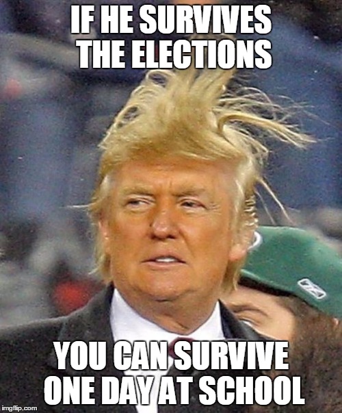 Donald Trumph hair | IF HE SURVIVES THE ELECTIONS YOU CAN SURVIVE ONE DAY AT SCHOOL | image tagged in donald trumph hair | made w/ Imgflip meme maker