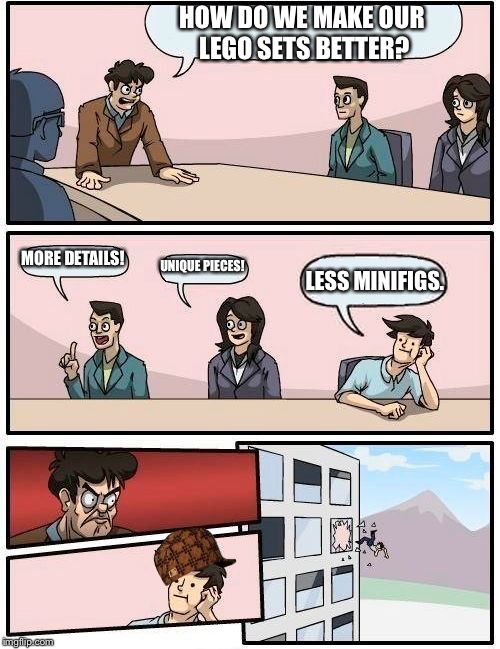 Wait... This isn't right... | HOW DO WE MAKE OUR LEGO SETS BETTER? MORE DETAILS! UNIQUE PIECES! LESS MINIFIGS. | image tagged in memes,boardroom meeting suggestion,scumbag | made w/ Imgflip meme maker