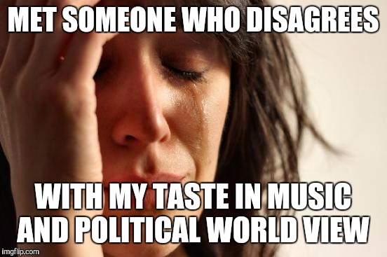 First World Problems Meme | MET SOMEONE WHO DISAGREES WITH MY TASTE IN MUSIC AND POLITICAL WORLD VIEW | image tagged in memes,first world problems | made w/ Imgflip meme maker