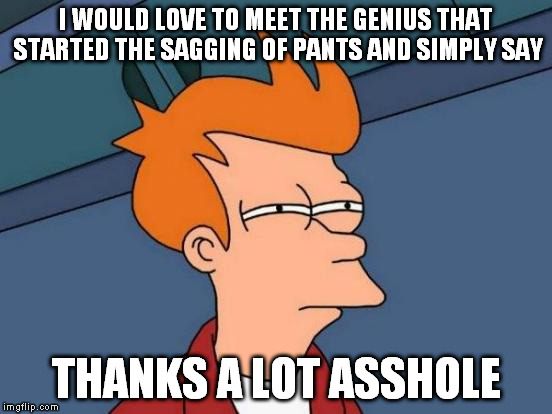Futurama Fry Meme | I WOULD LOVE TO MEET THE GENIUS THAT STARTED THE SAGGING OF PANTS AND SIMPLY SAY THANKS A LOT ASSHOLE | image tagged in memes,futurama fry | made w/ Imgflip meme maker