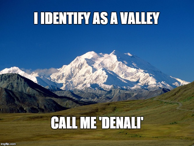 Why Mt. McKinley Has A New Name | I IDENTIFY AS A VALLEY CALL ME 'DENALI' | image tagged in denali,original meme,geography | made w/ Imgflip meme maker