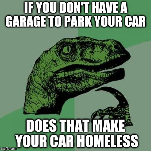 Philosoraptor Meme | IF YOU DON'T HAVE A GARAGE TO PARK YOUR CAR DOES THAT MAKE YOUR CAR HOMELESS | image tagged in memes,philosoraptor | made w/ Imgflip meme maker