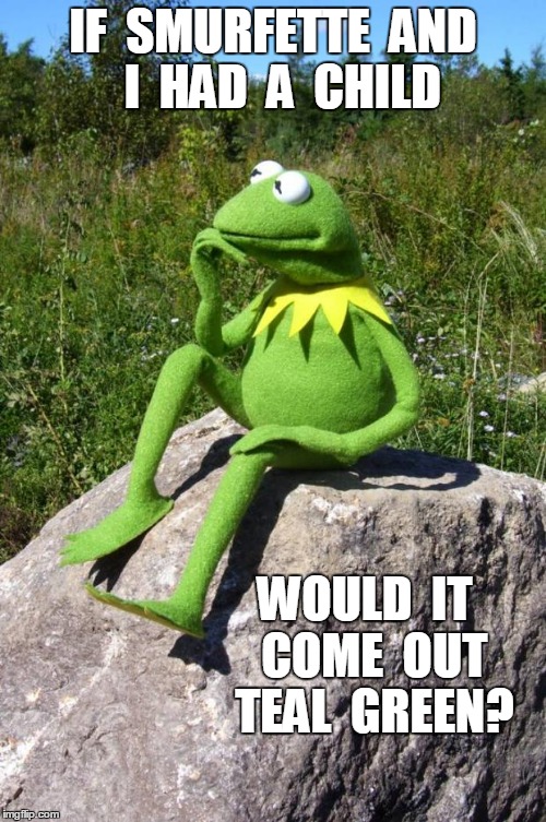 Kermit-thinking | IF  SMURFETTE  AND  I  HAD  A  CHILD WOULD  IT  COME  OUT  TEAL  GREEN? | image tagged in kermit-thinking | made w/ Imgflip meme maker