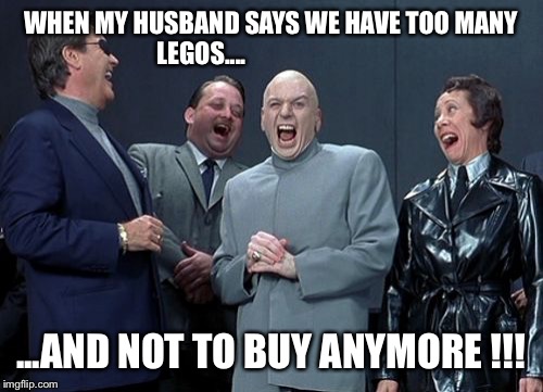 Laughing Villains Meme | WHEN MY HUSBAND SAYS WE HAVE TOO MANY LEGOS.... ...AND NOT TO BUY ANYMORE !!! | image tagged in memes,laughing villains | made w/ Imgflip meme maker