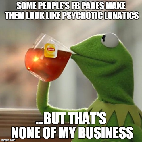 But That's None Of My Business Meme | SOME PEOPLE'S FB PAGES MAKE THEM LOOK LIKE PSYCHOTIC LUNATICS ...BUT THAT'S NONE OF MY BUSINESS | image tagged in memes,but thats none of my business,kermit the frog | made w/ Imgflip meme maker