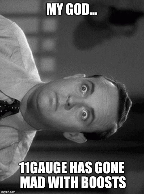 shocked face | MY GOD... 11GAUGE HAS GONE MAD WITH BOOSTS | image tagged in shocked face | made w/ Imgflip meme maker