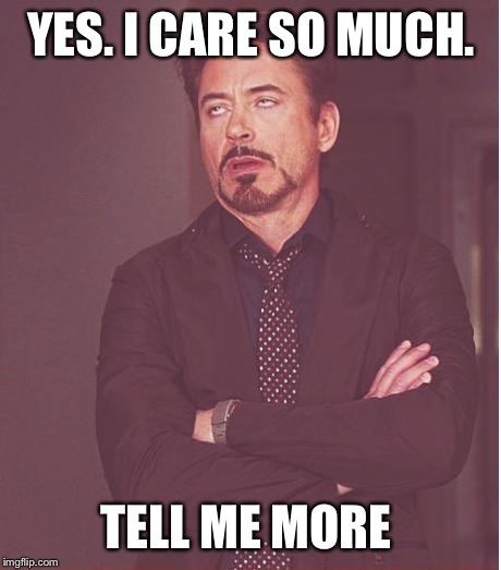 Face You Make Robert Downey Jr Meme | YES. I CARE SO MUCH. TELL ME MORE | image tagged in memes,face you make robert downey jr | made w/ Imgflip meme maker