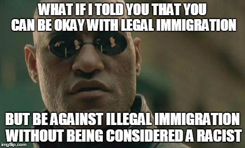 Matrix Morpheus | WHAT IF I TOLD YOU THAT YOU CAN BE OKAY WITH LEGAL IMMIGRATION BUT BE AGAINST ILLEGAL IMMIGRATION WITHOUT BEING CONSIDERED A RACIST | image tagged in memes,matrix morpheus | made w/ Imgflip meme maker