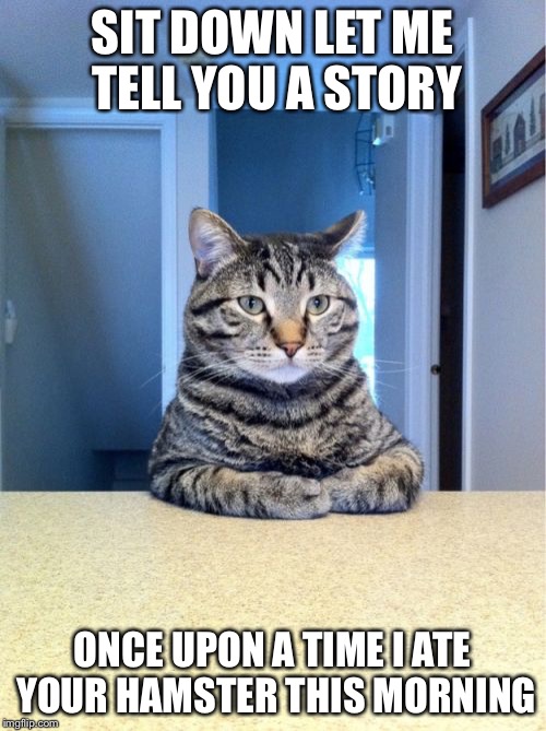 Take A Seat Cat | SIT DOWN LET ME TELL YOU A STORY ONCE UPON A TIME I ATE YOUR HAMSTER THIS MORNING | image tagged in memes,take a seat cat | made w/ Imgflip meme maker