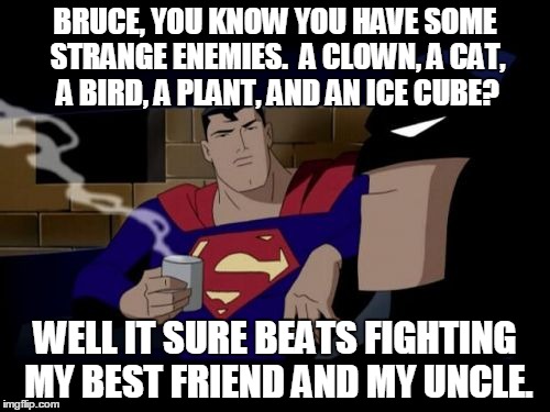 Batman And Superman | BRUCE, YOU KNOW YOU HAVE SOME STRANGE ENEMIES.  A CLOWN, A CAT, A BIRD, A PLANT, AND AN ICE CUBE? WELL IT SURE BEATS FIGHTING MY BEST FRIEND | image tagged in memes,batman and superman | made w/ Imgflip meme maker