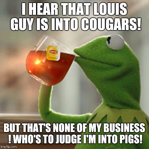 But That's None Of My Business | I HEAR THAT LOUIS GUY IS INTO COUGARS! BUT THAT'S NONE OF MY BUSINESS ! WHO'S TO JUDGE I'M INTO PIGS! | image tagged in memes,but thats none of my business,kermit the frog | made w/ Imgflip meme maker