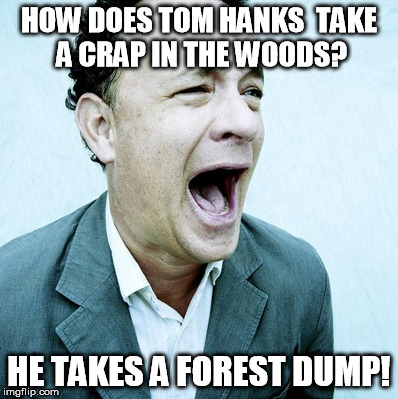 Hrhrhrhr | HOW DOES TOM HANKS TAKE A CRAP IN THE WOODS? HE TAKES A FOREST DUMP! | image tagged in tom hanks,puns | made w/ Imgflip meme maker