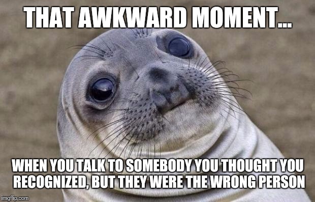 Awkward Moment Sealion Meme | THAT AWKWARD MOMENT... WHEN YOU TALK TO SOMEBODY YOU THOUGHT YOU RECOGNIZED, BUT THEY WERE THE WRONG PERSON | image tagged in memes,awkward moment sealion | made w/ Imgflip meme maker