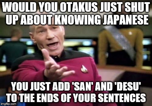 This bugs the shit out of me | WOULD YOU OTAKUS JUST SHUT UP ABOUT KNOWING JAPANESE YOU JUST ADD 'SAN' AND 'DESU' TO THE ENDS OF YOUR SENTENCES | image tagged in memes,picard wtf | made w/ Imgflip meme maker