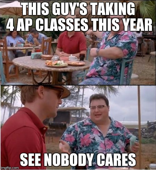 See Nobody Cares Meme | THIS GUY'S TAKING 4 AP CLASSES THIS YEAR SEE NOBODY CARES | image tagged in memes,see nobody cares | made w/ Imgflip meme maker