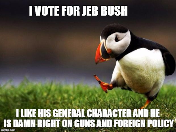 Unpopular Opinion Puffin | I VOTE FOR JEB BUSH I LIKE HIS GENERAL CHARACTER AND HE IS DAMN RIGHT ON GUNS AND FOREIGN POLICY | image tagged in memes,unpopular opinion puffin | made w/ Imgflip meme maker