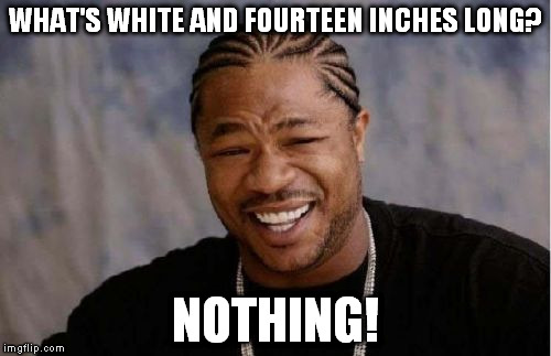 Yo Dawg Heard You Meme | WHAT'S WHITE AND FOURTEEN INCHES LONG? NOTHING! | image tagged in memes,yo dawg heard you | made w/ Imgflip meme maker