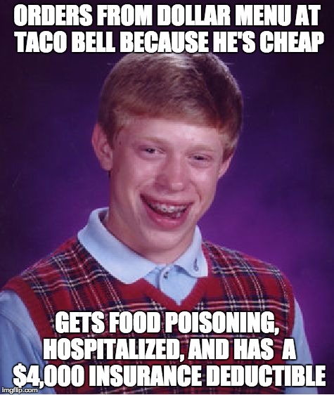Bad Luck Brian Meme | ORDERS FROM DOLLAR MENU AT TACO BELL BECAUSE HE'S CHEAP GETS FOOD POISONING, HOSPITALIZED, AND HAS  A $4,000 INSURANCE DEDUCTIBLE | image tagged in memes,bad luck brian | made w/ Imgflip meme maker