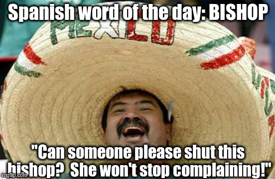She's always complaining ambition! | Spanish word of the day: BISHOP "Can someone please shut this bishop?  She won't stop complaining!" | image tagged in happy mexican,memes,meme,funny memes,funny meme | made w/ Imgflip meme maker
