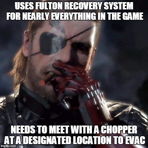 Metal gear challenge | USES FULTON RECOVERY SYSTEM FOR NEARLY EVERYTHING IN THE GAME NEEDS TO MEET WITH A CHOPPER AT A DESIGNATED LOCATION TO EVAC | image tagged in metal gear challenge | made w/ Imgflip meme maker