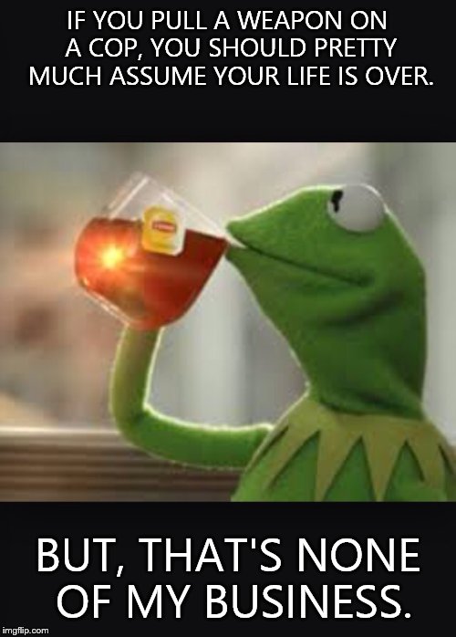 But that's none of my business  | IF YOU PULL A WEAPON ON A COP, YOU SHOULD PRETTY MUCH ASSUME YOUR LIFE IS OVER. BUT, THAT'S NONE OF MY BUSINESS. | image tagged in none of my business,cop,die,weapon,kill | made w/ Imgflip meme maker
