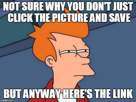 Futurama Fry Meme | NOT SURE WHY YOU DON'T JUST CLICK THE PICTURE AND SAVE BUT ANYWAY HERE'S THE LINK | image tagged in memes,futurama fry | made w/ Imgflip meme maker