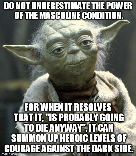 Sadler, Skarlatos and Stone | DO NOT UNDERESTIMATE THE POWER OF THE MASCULINE CONDITION. FOR WHEN IT RESOLVES THAT IT, "IS PROBABLY GOING TO DIE ANYWAY", IT CAN SUMMON UP | image tagged in yoda | made w/ Imgflip meme maker