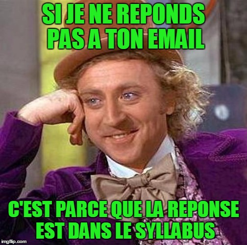 Creepy Condescending Wonka | SI JE NE REPONDS PAS A TON EMAIL C'EST PARCE QUE LA REPONSE EST DANS LE SYLLABUS | image tagged in memes,creepy condescending wonka | made w/ Imgflip meme maker