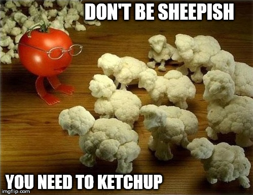 sheepish ketchup | DON'T BE SHEEPISH YOU NEED TO KETCHUP | image tagged in sheep,tomato,vegetable,ketchup,sheepish,cauliflower | made w/ Imgflip meme maker