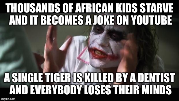 And everybody loses their minds | THOUSANDS OF AFRICAN KIDS STARVE AND IT BECOMES A JOKE ON YOUTUBE A SINGLE TIGER IS KILLED BY A DENTIST AND EVERYBODY LOSES THEIR MINDS | image tagged in memes,and everybody loses their minds | made w/ Imgflip meme maker