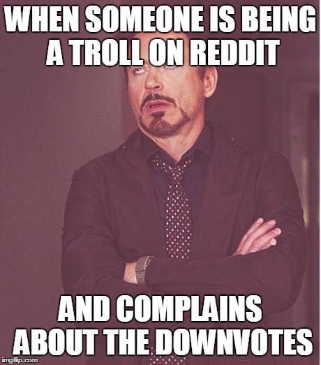 Face You Make Robert Downey Jr | WHEN SOMEONE IS BEING A TROLL ON REDDIT AND COMPLAINS ABOUT THE DOWNVOTES | image tagged in memes,face you make robert downey jr | made w/ Imgflip meme maker