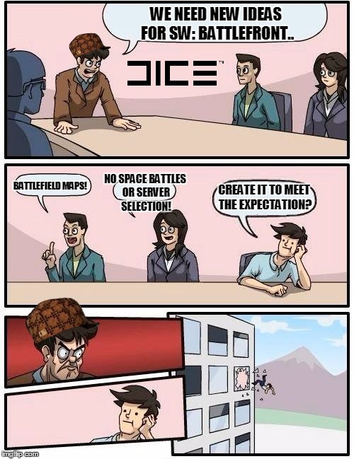 Boardroom Meeting Suggestion Meme | WE NEED NEW IDEAS FOR SW: BATTLEFRONT.. BATTLEFIELD MAPS! NO SPACE BATTLES OR SERVER SELECTION! CREATE IT TO MEET THE EXPECTATION? | image tagged in memes,boardroom meeting suggestion,scumbag | made w/ Imgflip meme maker