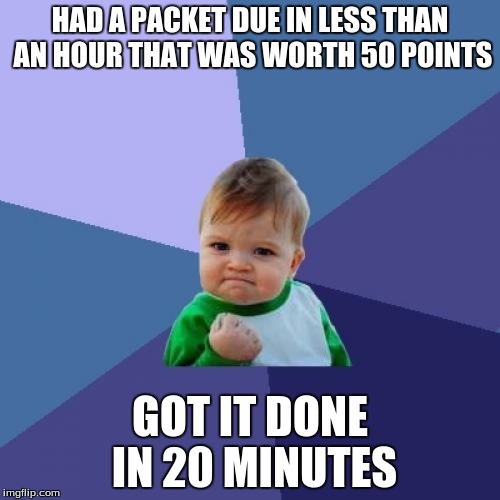 Fear really is a great motivator. | HAD A PACKET DUE IN LESS THAN AN HOUR THAT WAS WORTH 50 POINTS GOT IT DONE IN 20 MINUTES | image tagged in memes,success kid,school,homework | made w/ Imgflip meme maker