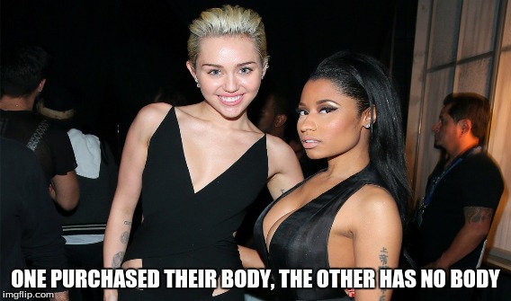 nicki vs miley | ONE PURCHASED THEIR BODY, THE OTHER HAS NO BODY | image tagged in funny memes | made w/ Imgflip meme maker