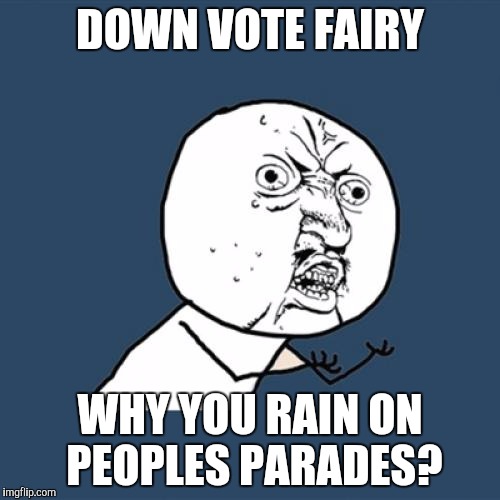 Save It For Reposts | DOWN VOTE FAIRY WHY YOU RAIN ON PEOPLES PARADES? | image tagged in memes,y u no | made w/ Imgflip meme maker