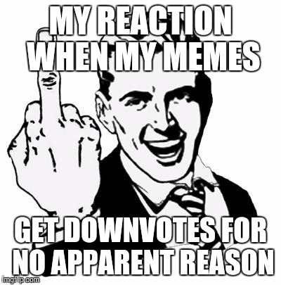 Fuck You | MY REACTION WHEN MY MEMES GET DOWNVOTES FOR NO APPARENT REASON | image tagged in fuck you | made w/ Imgflip meme maker