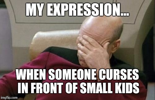 Captain Picard Facepalm Meme | MY EXPRESSION... WHEN SOMEONE CURSES IN FRONT OF SMALL KIDS | image tagged in memes,captain picard facepalm | made w/ Imgflip meme maker