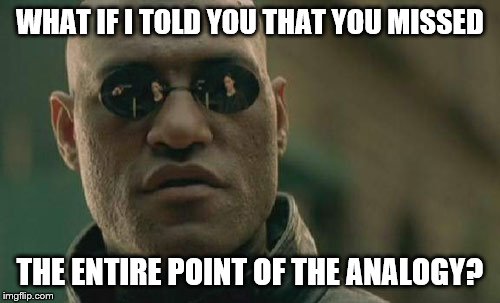 Matrix Morpheus Meme | WHAT IF I TOLD YOU THAT YOU MISSED THE ENTIRE POINT OF THE ANALOGY? | image tagged in memes,matrix morpheus | made w/ Imgflip meme maker